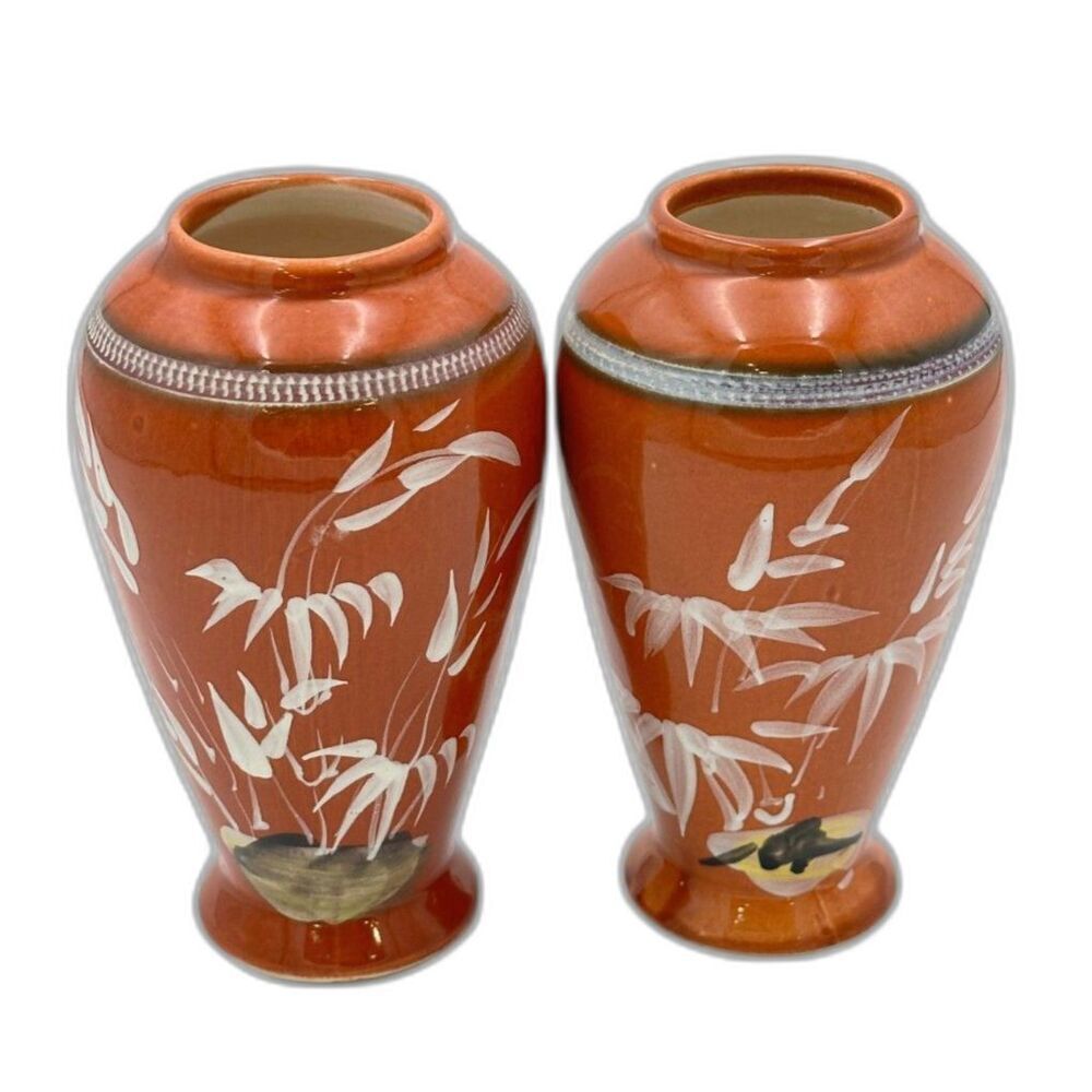 Asian-Inspired Hand-Painted Ceramic Vases – Burnt Orange with a Bamboo Design